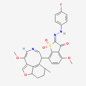 molecular formula C29H26FN3O6S B12729754 Benzo(b)thiophen-3-ol, 2-((4-fluorophenyl)azo)-4-methoxy-7-(10-methoxy-5-methyl-4,5,6,7-tetrahydro-3H-furo(4,3,2-fg)(3)benzazocin-6-yl)-, 1,1-dioxide CAS No. 155857-49-1