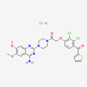 molecular formula C27H26Cl3N5O5S B12729910 Piperazine, 1-(4-amino-6,7-dimethoxy-2-quinazolinyl)-4-((2,3-dichloro-4-(2-thienylcarbonyl)phenoxy)acetyl)-, monohydrochloride CAS No. 122001-64-3