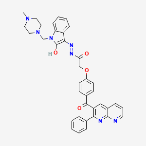 molecular formula C37H33N7O4 B12729988 Acetic acid, (4-((2-phenyl-1,8-naphthyridin-3-yl)carbonyl)phenoxy)-, (1,2-dihydro-1-((4-methyl-1-piperazinyl)methyl)-2-oxo-3H-indol-3-ylidene)hydrazide CAS No. 136603-22-0