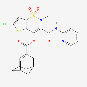 molecular formula C24H24ClN3O5S2 B12730145 Tricyclo(3.3.1.1(sup 3,7))decane-1-carboxylic acid, 6-chloro-2-methyl-3-((2-pyridinylamino)carbonyl)-2H-thieno(2,3-e)-1,2-thiazin-4-yl ester, S,S-dioxide CAS No. 123277-33-8