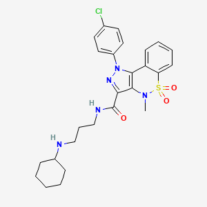 molecular formula C26H30ClN5O3S B12730331 Pyrazolo(4,3-c)(1,2)benzothiazine-3-carboxamide, 1,4-dihydro-1-(p-chlorophenyl)-N-(3-(cyclohexylamino)propyl)-4-methyl-, 5,5-dioxide CAS No. 81761-98-0