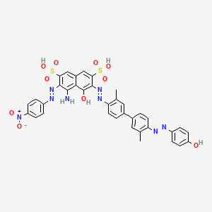 molecular formula C36H28N8O10S2 B12730360 4-Amino-5-hydroxy-6-((4'-((4-hydroxyphenyl)azo)-3,3'-dimethyl(1,1'-biphenyl)-4-yl)azo)-3-((4-nitrophenyl)azo)naphthalene-2,7-disulphonic acid CAS No. 56148-97-1