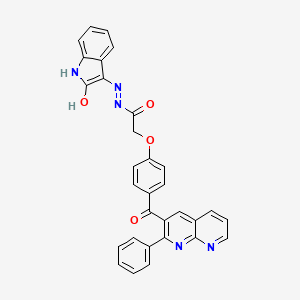 molecular formula C31H21N5O4 B12730657 Acetic acid, (4-((2-phenyl-1,8-naphthyridin-3-yl)carbonyl)phenoxy)-, (1,2-dihydro-2-oxo-3H-indol-3-ylidene)hydrazide CAS No. 136603-13-9