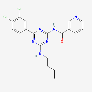 molecular formula C19H18Cl2N6O B12730692 3-Pyridinecarboxamide, N-(4-(butylamino)-6-(3,4-dichlorophenyl)-1,3,5-triazin-2-yl)- CAS No. 85633-14-3