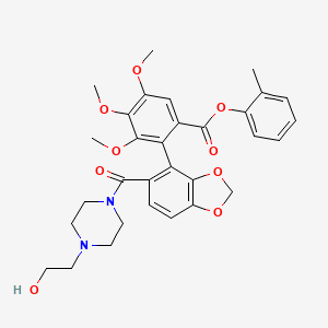 molecular formula C31H34N2O9 B12730764 Benzoic acid, 2-(5-((4-(2-hydroxyethyl)-1-piperazinyl)carbonyl)-1,3-benzodioxol-4-yl)-3,4,5-trimethoxy-, 2-methylphenyl ester CAS No. 156809-19-7