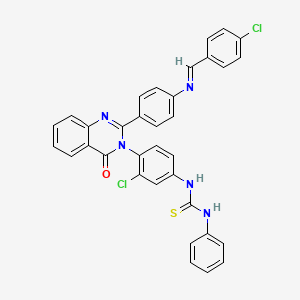 molecular formula C34H23Cl2N5OS B12730774 Thiourea, N-(3-chloro-4-(2-(4-(((4-chlorophenyl)methylene)amino)phenyl)-4-oxo-3(4H)-quinazolinyl)phenyl)-N'-phenyl- CAS No. 83408-67-7