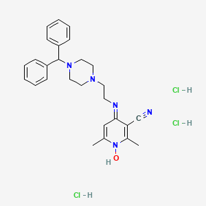 molecular formula C27H34Cl3N5O B12730896 3-Pyridinecarbonitrile, 2,6-dimethyl-4-((2-(4-(diphenylmethyl)-1-piperazinyl)ethyl)amino)-, 1-oxide, trihydrochloride, hydrate CAS No. 110629-32-8