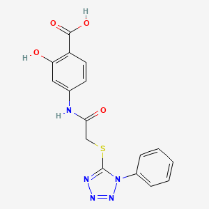 molecular formula C16H13N5O4S B12731417 Benzoic acid, 2-hydroxy-4-((((1-phenyl-1H-tetrazol-5-yl)thio)acetyl)amino)- CAS No. 133526-80-4