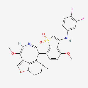 molecular formula C29H26F2N2O5S B12733000 Benzo(b)thiophen-3-amine, N-(3,4-difluorophenyl)-4-methoxy-7-(10-methoxy-5-methyl-4,5,6,7-tetrahydro-3H-furo(4,3,2-fg)(3)benzazocin-6-yl)-, 1,1-dioxide CAS No. 155857-44-6