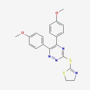 molecular formula C20H18N4O2S2 B12734346 1,2,4-Triazine, 5,6-bis(4-methoxyphenyl)-3-((4,5-dihydro-2-thiazolyl)thio)- CAS No. 102429-92-5