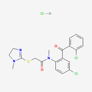 molecular formula C20H20Cl3N3O2S B12734365 Acetamide, N-(4-chloro-2-(2-chlorobenzoyl)phenyl)-2-((4,5-dihydro-1-methyl-1H-imidazol-2-yl)thio)-N-methyl-, monohydrochloride CAS No. 128453-33-8