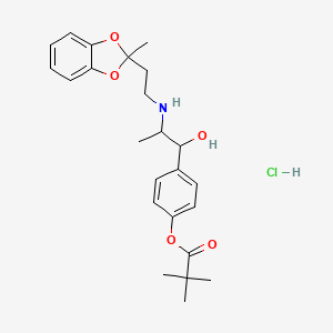 molecular formula C24H32ClNO5 B12735086 Propanoic acid, 2,2-dimethyl-, 4-(1-hydroxy-2-((2-(2-methyl-1,3-benzodioxol-2-yl)ethyl)amino)propyl)phenyl ester, hydrochloride CAS No. 87092-30-6