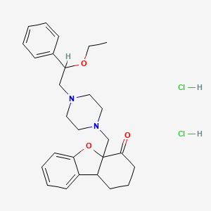 molecular formula C27H36Cl2N2O3 B12735303 4a-[[4-(2-ethoxy-2-phenylethyl)piperazin-1-yl]methyl]-1,2,3,9b-tetrahydrodibenzofuran-4-one;dihydrochloride CAS No. 85418-58-2