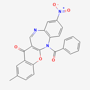 molecular formula C24H15N3O5 B12735484 (1)Benzopyrano(2,3-b)(1,5)benzodiazepin-13(6H)-one, 6-benzoyl-2-methyl-9-nitro- CAS No. 115430-67-6