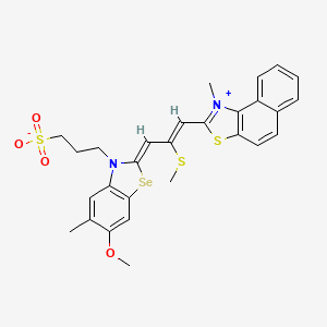 molecular formula C28H28N2O4S3Se B12735639 2-(3-(6-Methoxy-5-methyl-3-(3-sulphonatopropyl)-3H-benzoselenazol-2-ylidene)-2-(methylthio)-1-propenyl)-1-methylnaphtho(1,2-d)thiazolium CAS No. 94166-40-2