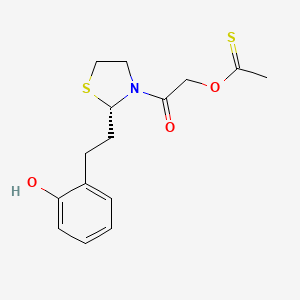 molecular formula C15H19NO3S2 B12735916 Ethanethioic acid, S-(2-(2-(2-(2-hydroxyphenyl)ethyl)-3-thiazolidinyl)-2-oxoethyl) ester CAS No. 103195-82-0