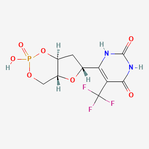 molecular formula C10H10F3N2O7P B12736163 (6R)-6-(2,6-Dioxo-5-(trifluoromethyl)-1,2,3,6-tetrahydropyrimidin-4-yl)tetrahydro-4h-furo(3,2-d)(1,3,2)dioxaphosphinin-2-olate 2-oxide CAS No. 99966-16-2