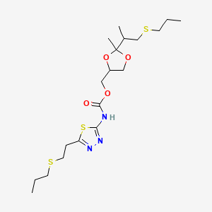 molecular formula C19H33N3O4S3 B12736200 Carbamic acid, (5-(2-(propylthio)ethyl)-1,3,4-thiadiazol-2-yl)-, (2-methyl-2-(1-methyl-2-(propylthio)ethyl)-1,3-dioxolan-4-yl)methyl ester CAS No. 138474-88-1