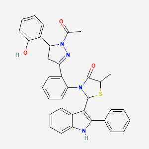 molecular formula C35H30N4O3S B12736305 1H-Pyrazole, 1-acetyl-4,5-dihydro-5-(2-hydroxyphenyl)-3-(2-(5-methyl-4-oxo-2-(2-phenyl-1H-indol-3-yl)-3-thiazolidinyl)phenyl)- CAS No. 133405-41-1