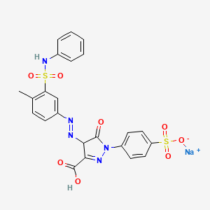 molecular formula C23H18N5NaO8S2 B12736313 Sodium hydrogen 4,5-dihydro-4-((4-methyl-3-((phenylamino)sulphonyl)phenyl)azo)-5-oxo-1-(4-sulphonatophenyl)-1H-pyrazole-3-carboxylate CAS No. 97635-28-4