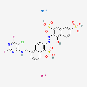 molecular formula C25H16ClF2KN5NaO10S3+2 B12736475 3-((5-(((5-Chloro-2,6-difluoro-4-pyrimidinyl)amino)methyl)-1-sulpho-2-naphthyl)azo)-4-hydroxynaphthalene-2,7-disulphonic acid, potassium sodium salt CAS No. 83417-31-6