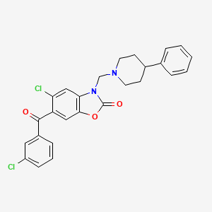 molecular formula C26H22Cl2N2O3 B12736579 2(3H)-Benzoxazolone, 5-chloro-6-(3-chlorobenzoyl)-3-((4-phenyl-1-piperidinyl)methyl)- CAS No. 115967-07-2