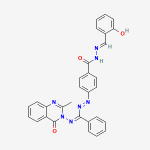 molecular formula C30H23N7O3 B12736589 Benzoic acid, 4-((((2-methyl-4-oxo-3(4H)-quinazolinyl)imino)phenylmethyl)azo)-, ((2-hydroxyphenyl)methylene)hydrazide CAS No. 127786-19-0