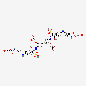 molecular formula C56H50N8O20S2 B12736909 2,2'-((4,4'-Bis((1-hydroxy-6-((4-(((2-methoxyethoxy)carbonyl)amino)phenyl)amino)-3-sulpho-2-naphthyl)azo)(1,1'-biphenyl)-3,3'-diyl)bis(oxy))bis(acetic) acid CAS No. 94021-47-3