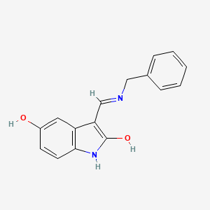 molecular formula C16H14N2O2 B12737413 2H-Indol-2-one, 1,3-dihydro-5-hydroxy-3-(((phenylmethyl)amino)methylene)-, (E)- CAS No. 159212-46-1