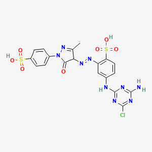 molecular formula C19H16ClN9O7S2 B12741063 4-((4-Amino-6-chloro-1,3,5-triazin-2-yl)amino)-2-((4,5-dihydro-3-methyl-5-oxo-1-(4-sulphophenyl)-1H-pyrazol-4-yl)azo)benzenesulphonic acid CAS No. 84100-04-9