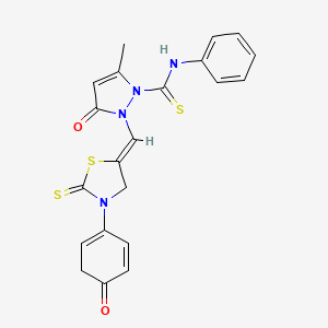 molecular formula C21H18N4O2S3 B12741454 1H-Pyrazole-1-carbothioamide, 2,3-dihydro-5-methyl-3-oxo-2-((4-oxo-phenyl-2-thioxo-5-thiazolidinylidene)methyl)-N-phenyl- CAS No. 96911-59-0