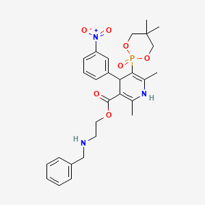 molecular formula C28H34N3O7P B12741464 3-Pyridinecarboxylic acid, 1,4-dihydro-2,6-dimethyl-5-(5,5-dimethyl-1,3,2-dioxaphosphorinan-2-yl)-4-(3-nitrophenyl)-, 2-(phenylmethylamino)ethyl ester, P-oxide CAS No. 145194-47-4