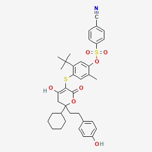 molecular formula C37H41NO7S2 B12741765 (+-)-Benzenesulfonic acid, 4-cyano-, 4-((6-cyclohexyl-5,6-dihydro-4-hydroxy-6-(2-(4-hydroxyphenyl)ethyl)-2-oxo-2H-pyran-3-yl)thio)-5-(1,1-dimethylethyl)-2-methylphenyl ester CAS No. 263842-92-8