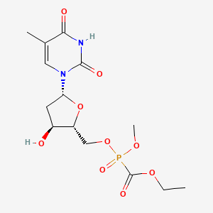 molecular formula C14H21N2O9P B12741775 ethyl [[(2R,3S,5R)-3-hydroxy-5-(5-methyl-2,4-dioxo-pyrimidin-1-yl)tetrahydrofuran-2-yl]methoxy-methoxy-phosphoryl]formate CAS No. 115365-14-5