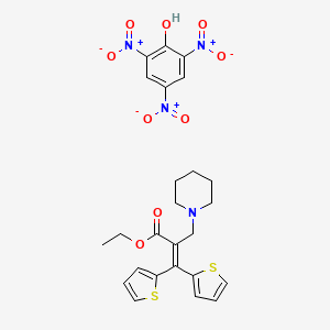 molecular formula C25H26N4O9S2 B12742997 1-Piperidinepropionic acid, alpha-di-2-thienylmethylene-, ethyl ester, picrate CAS No. 102952-40-9