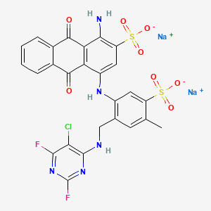 molecular formula C26H16ClF2N5Na2O8S2 B12743018 Disodium 1-amino-4-((2-(((5-chloro-2,6-difluoro-4-pyrimidinyl)amino)methyl)-4-methyl-5-sulphonatophenyl)amino)-9,10-dihydro-9,10-dioxoanthracene-2-sulphonate CAS No. 84100-75-4