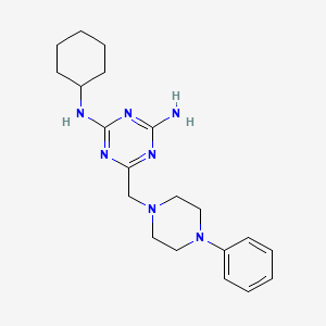 molecular formula C20H29N7 B12743323 1,3,5-Triazine-2,4-diamine, N-cyclohexyl-6-((4-phenyl-1-piperazinyl)methyl)- CAS No. 56968-68-4