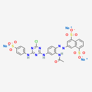 molecular formula C27H18ClN8Na3O10S3 B12743357 Trisodium 3-((2-(acetylamino)-4-((4-chloro-6-((4-sulphonatophenyl)amino)-1,3,5-triazin-2-yl)amino)phenyl)azo)naphthalene-1,5-disulphonate CAS No. 94042-74-7