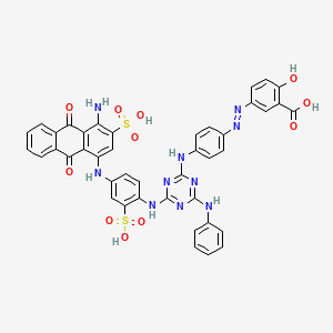 molecular formula C42H30N10O11S2 B12743389 5-((4-((4-((4-((4-Amino-9,10-dihydro-9,10-dioxo-3-sulpho-1-anthryl)amino)-2-sulphophenyl)amino)-6-(phenylamino)-1,3,5-triazin-2-yl)amino)phenyl)azo)-2-hydroxybenzoic acid CAS No. 62572-84-3