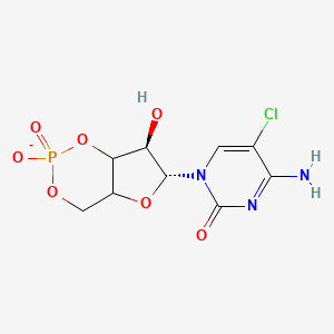 molecular formula C9H10ClN3O7P- B12743394 2(1H)-Pyrimidinone, 4-amino-5-chloro-3,4-dihydro-1-((6R,7R)-tetrahydro-2,7-dihydroxy-2-oxido-4H-furo(3,2-d)-1,3,2-dioxaphosphorin-6-yl)-, ion(1-) CAS No. 94427-52-8