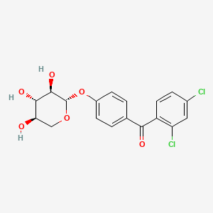 molecular formula C18H16Cl2O6 B12743579 Methanone, (2,4-dichlorophenyl)(4-(beta-D-xylopyranosyloxy)phenyl)-, hemihydrate CAS No. 83354-96-5