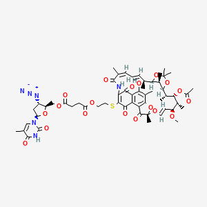 molecular formula C56H68N6O19S B12743720 Rifamycin,3-((2-(3-carboxy-1-oxopropoxy)ethyl)thio)-1,4-dideoxy-1,4-dihydro-21,23-O-(1-methylethylidene)-1,4-dioxo-, 5'-ester with 3'-azido-3'-deoxythymidine CAS No. 191153-01-2