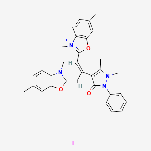 molecular formula C32H31IN4O3 B12743769 2-(2-(2,3-Dihydro-1,5-dimethyl-3-oxo-2-phenyl-1H-pyrazol-4-yl)-3-(3,6-dimethyl-3H-benzoxazol-2-ylidene)prop-1-enyl)-3,6-dimethylbenzoxazolium iodide CAS No. 83803-40-1