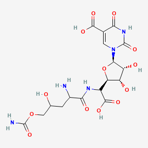 molecular formula C17H23N5O13 B12744687 beta-D-Allofuranuronic acid, 5-((2-amino-5-O-(aminocarbonyl)-2,3-dideoxy-L-erythro-pentonoyl)amino)-1-(5-carboxy-3,4-dihydro-2,4-dioxo-1(2H)-pyrimidinyl)-1,5-dideoxy- CAS No. 22976-87-0