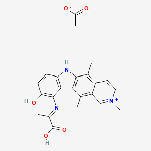 molecular formula C23H23N3O5 B12749034 10-((1-Carboxyethylidene)amino)-9-hydroxy-2,5,11-trimethyl-6H-pyrido(4,3-b)carbazolium acetate (salt) CAS No. 89683-32-9