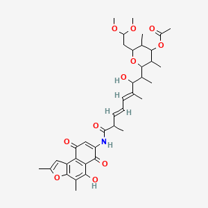 molecular formula C38H49NO11 B12749133 2-(2-Hydroxy-7-(N-(5-hydroxy-2,4-dimethyl-6,9-dioxonaphtho(2,1-b)furan-7-yl)carbamoyl)-1,3-dimethylocta-4,6-dienyl)-6-(2,2-dimethoxyethyl)-3-methylperhydropyran-4-yl acetate CAS No. 51756-68-4