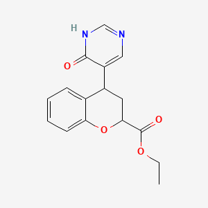 molecular formula C16H16N2O4 B12749545 Ethyl 4-(1,4-Dihydro-4-oxo-5-pyrimidinyl)-3,4-dihydro-2H-1-benzopyran-2-carboxylate CAS No. 153004-49-0