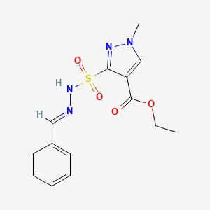 molecular formula C14H16N4O4S B12749573 Ethyl 1-methyl-3-(((phenylmethylene)hydrazino)sulfonyl)-1H-pyrazole-4-carboxylate CAS No. 145865-74-3