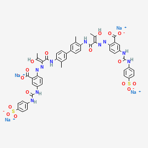 molecular formula C50H40N10Na4O16S2 B12750587 Tetrasodium 2,2'-((3,3'-dimethyl(1,1'-biphenyl)-4,4'-diyl)bis(imino(1-(1-hydroxyethylidene)-2-oxo-2,1-ethanediyl)azo))bis(5-((((4-sulphonatophenyl)amino)carbonyl)amino)benzoate) CAS No. 94160-42-6