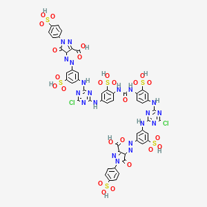 molecular formula C51H36Cl2N20O25S6 B12750616 4,4'-(Carbonylbis(imino(3-sulpho-p-phenylene)imino(6-chloro-1,3,5-triazine-4,2-diyl)imino(6-sulpho-m-phenylene)azo))bis(4,5-dihydro-5-oxo-1-(4-sulphophenyl)-1H-pyrazole-3-carboxylic) acid CAS No. 33025-13-7